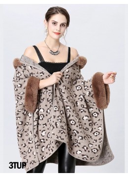 Soft Leopard Print Cape W/ Fur Detailing